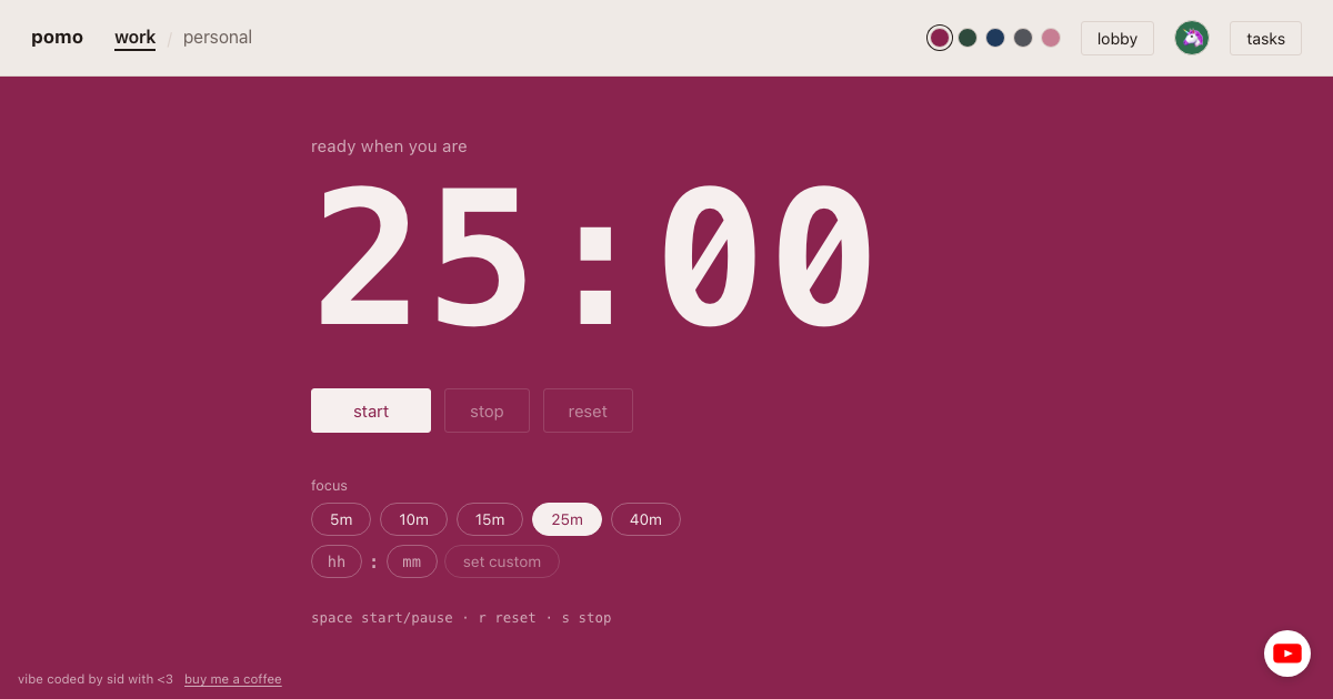 Built a clean Pomodoro timer with clean minimalist feel and cool themes logo